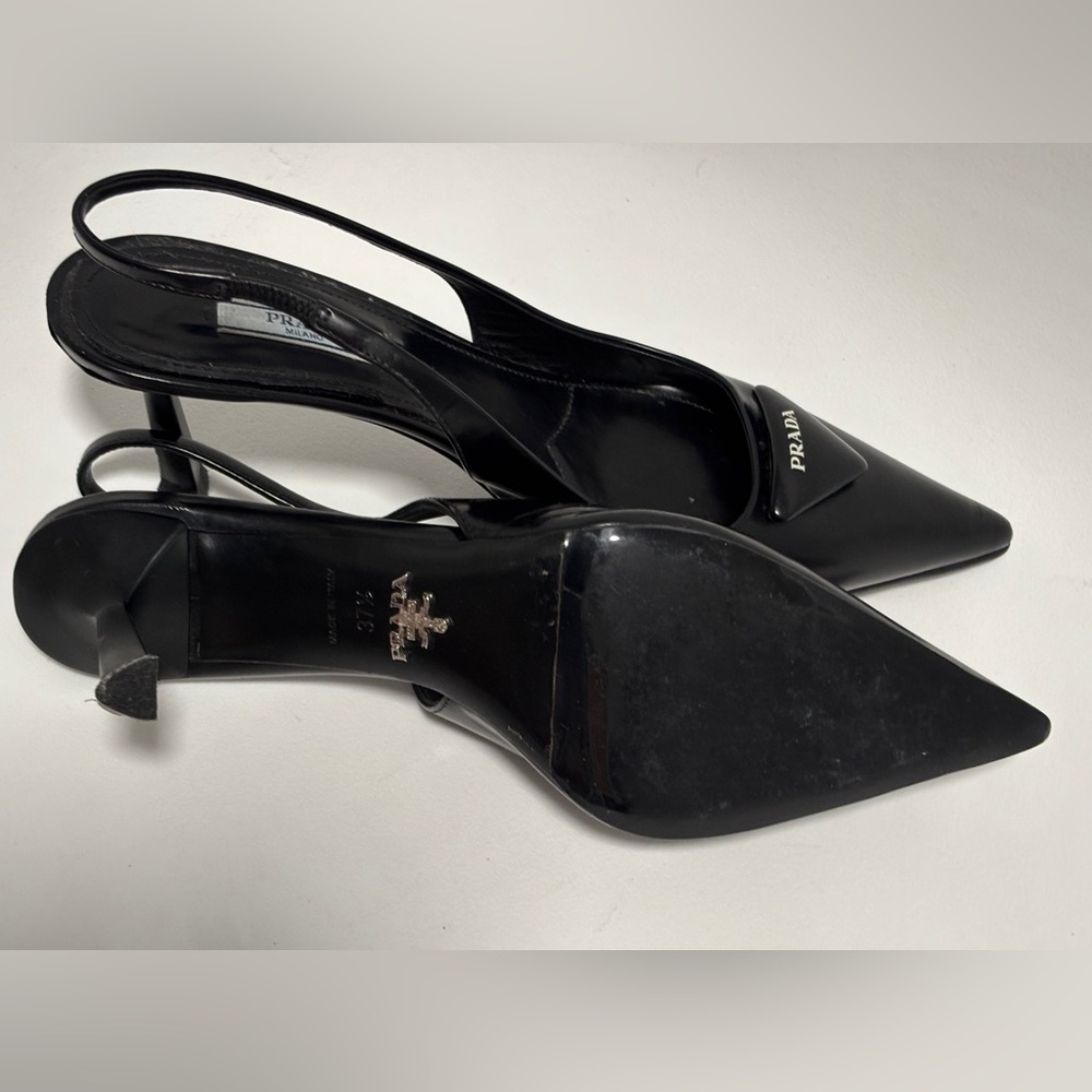 PRADA Pointy Black Pointed SlingBack With Logo Triangle Accent Size 37.5 - Picture 7 of 11